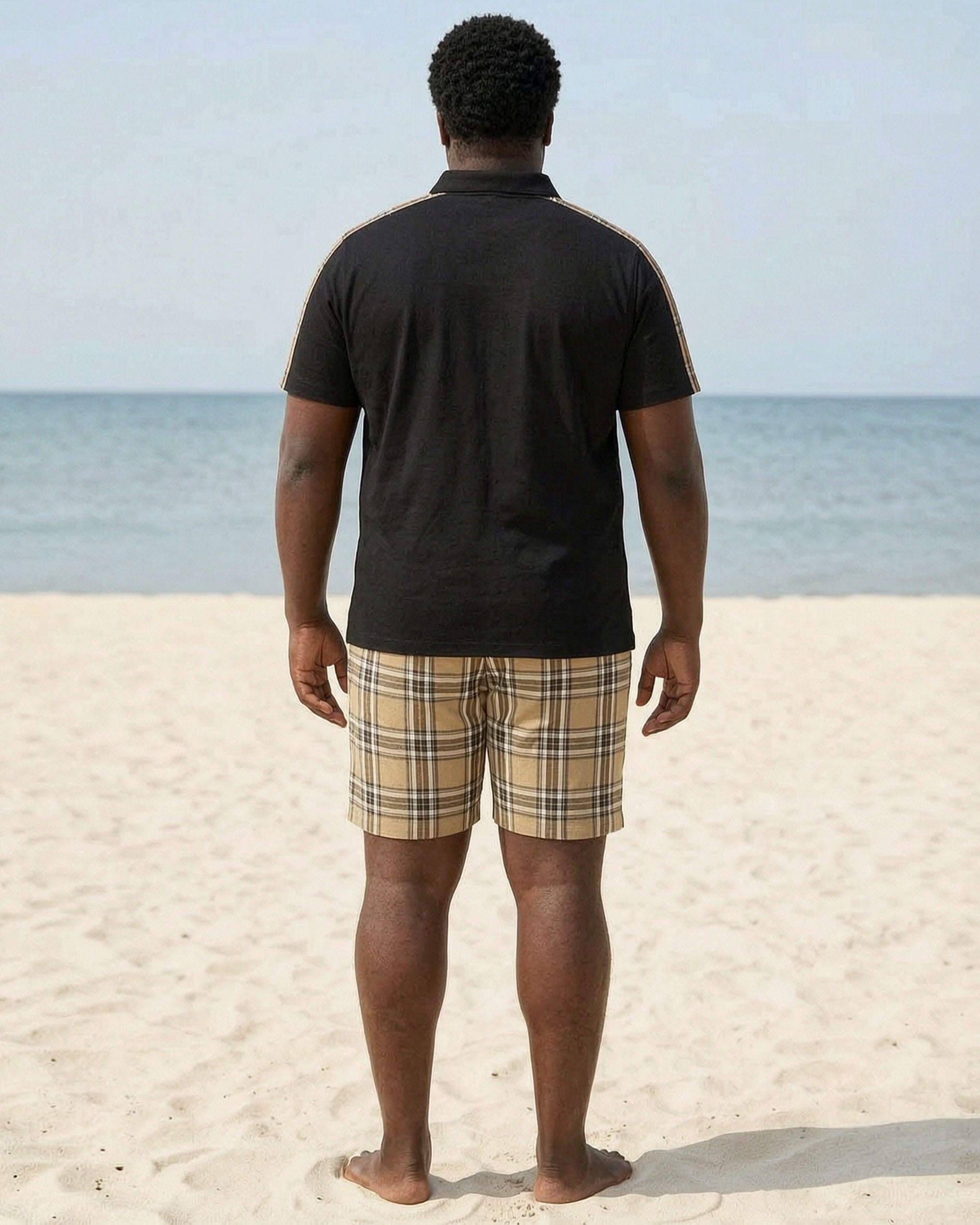 Big & Tall Men's Special Patchwork Plaid Black & Khaki POLO Short Sleeve Shorts Set