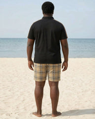 Big & Tall Men's Special Patchwork Plaid Black & Khaki POLO Short Sleeve Shorts Set