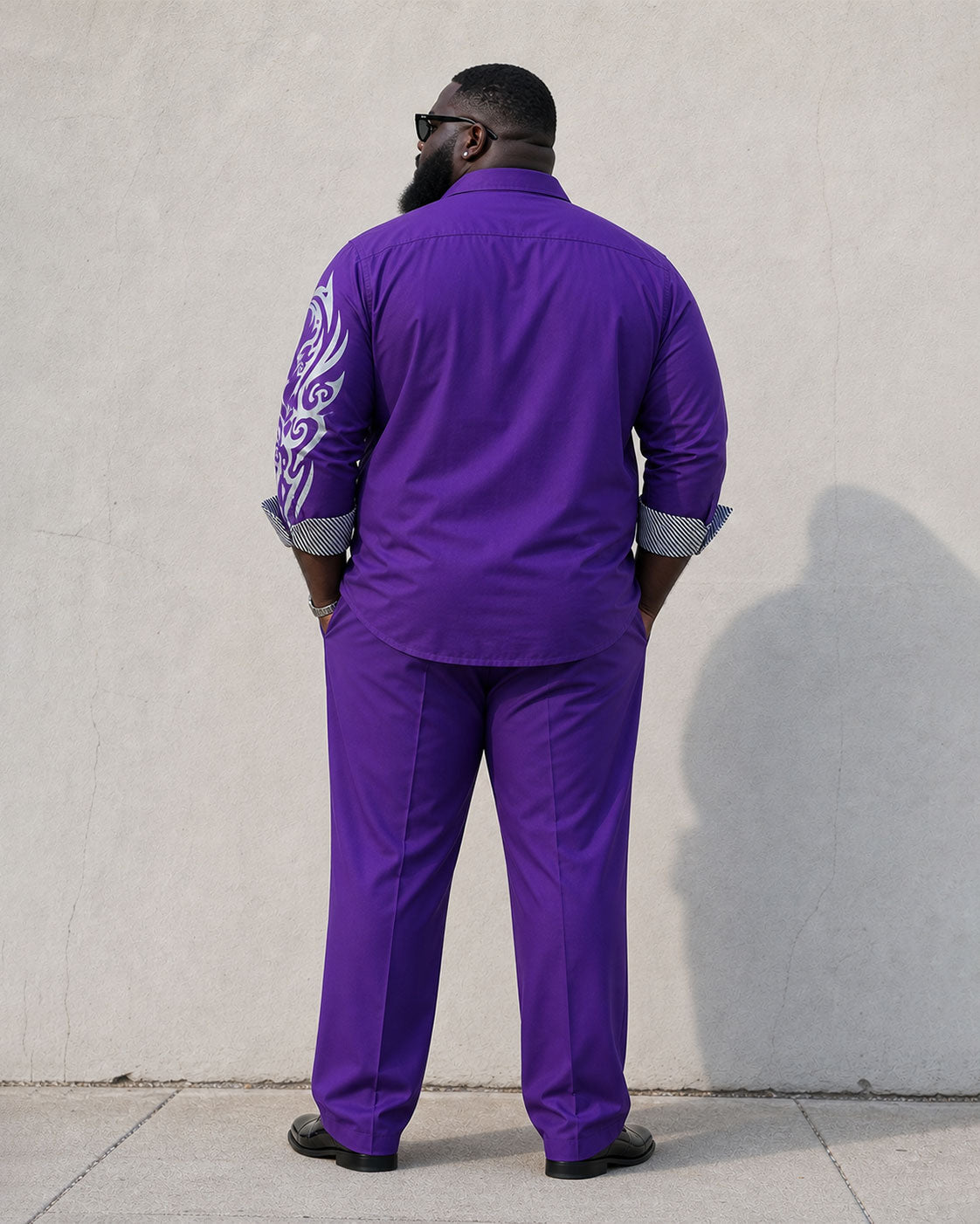 Big & Tall Men's Purple Business Features Stitching Positioning Printing Long Sleeve Shirt Pants Set