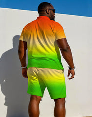Big & Tall Men' Reggae Style Color Matching June Festival Short Sleeve POLO Shirt Shorts Set