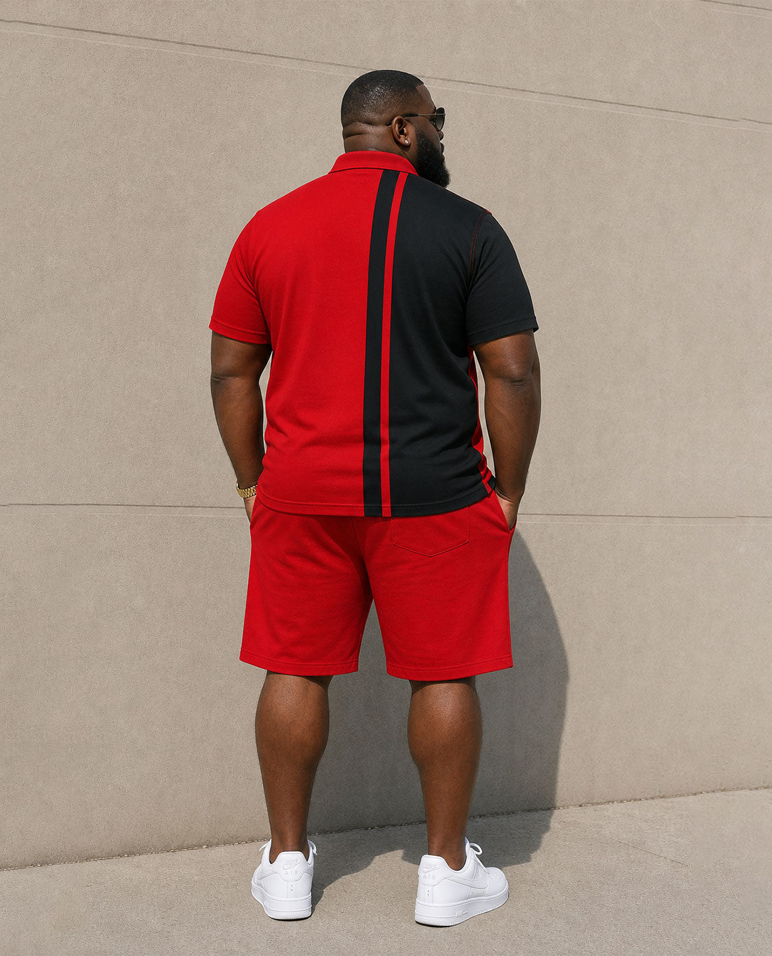 Big & Tall Men's Simple Daily Leisure Travel Black & Red Contrast Color Chest Small Label Printed POLO Shirt Short Sleeve Shorts Set