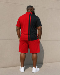 Big & Tall Men's Simple Daily Leisure Travel Black & Red Contrast Color Chest Small Label Printed POLO Shirt Short Sleeve Shorts Set