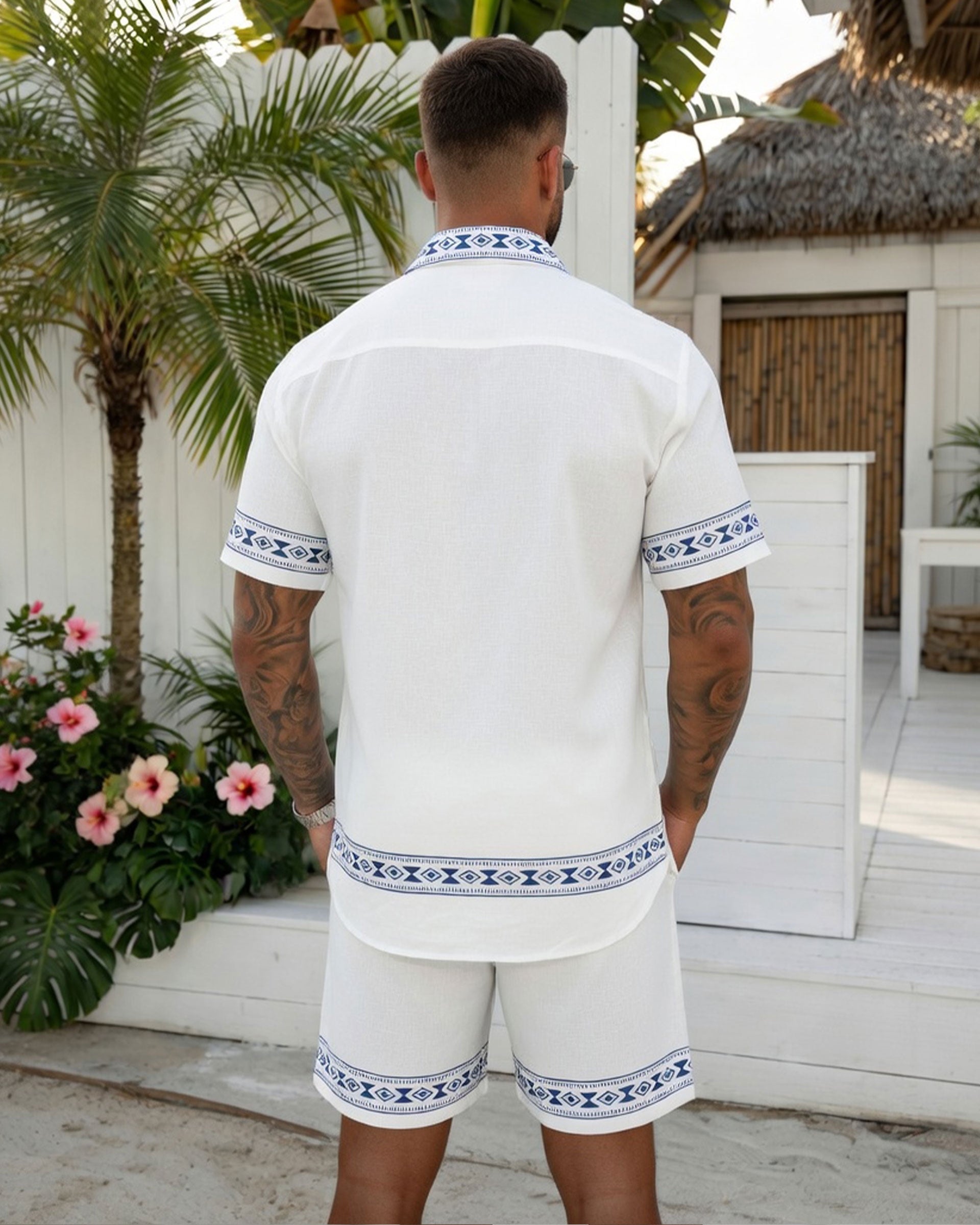 Big & Tall Men's Hawaiian Holiday Casual Party Gift Giving, Symmetrical Geometric Floral White Short Sleeve Shirt Shorts Set