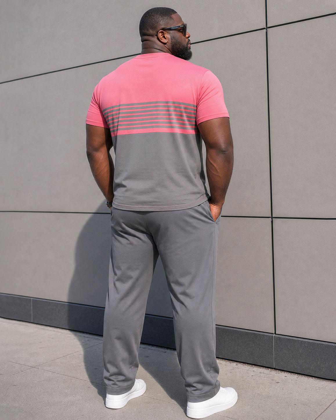 Big & Tall Men's Pink & Grey Elegant Color Striped Short Sleeve T-Shirt Sports Pants Set