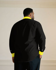 Men's Plus Size Casual Simple Black & Yellow Collar And Cuff Contrast Color Simple Long Sleeve Shirt Trousers Business Casual Suit