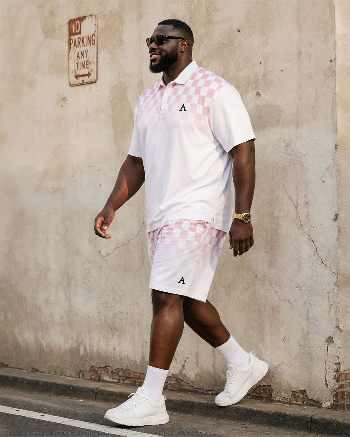 Big & Tall Men's White & Pink Checkerboard Gradient Business POLO Shirt Short Sleeve Shorts Set