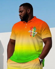 Big & Tall Men' Reggae Style Color Matching June Festival Short Sleeve POLO Shirt Shorts Set