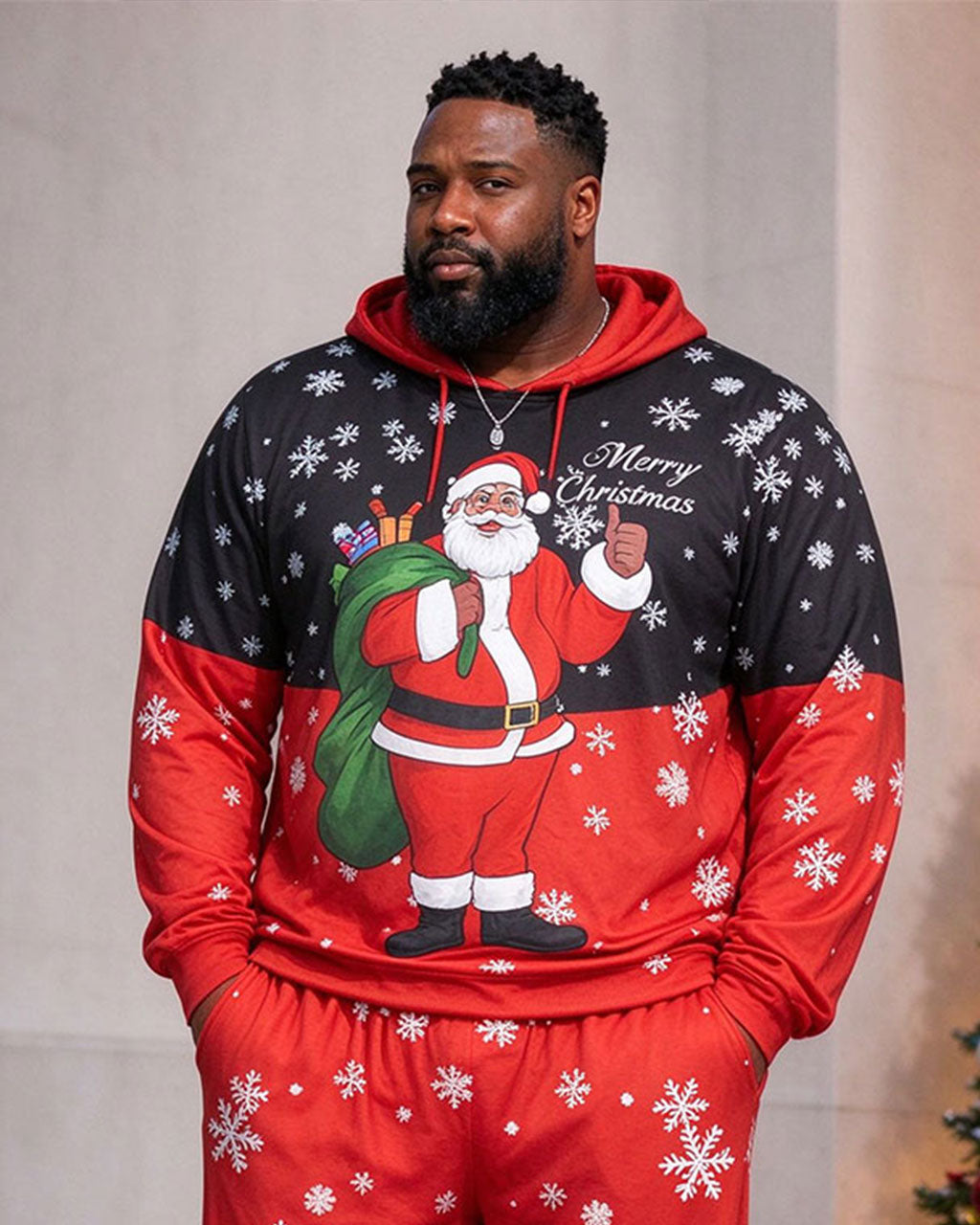Large Size Men's Autumn And Winter Warm Red & Black Snowflake Santa Hoodie Sweatpants Set