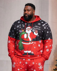 Large Size Men's Autumn And Winter Warm Red & Black Snowflake Santa Hoodie Sweatpants Set