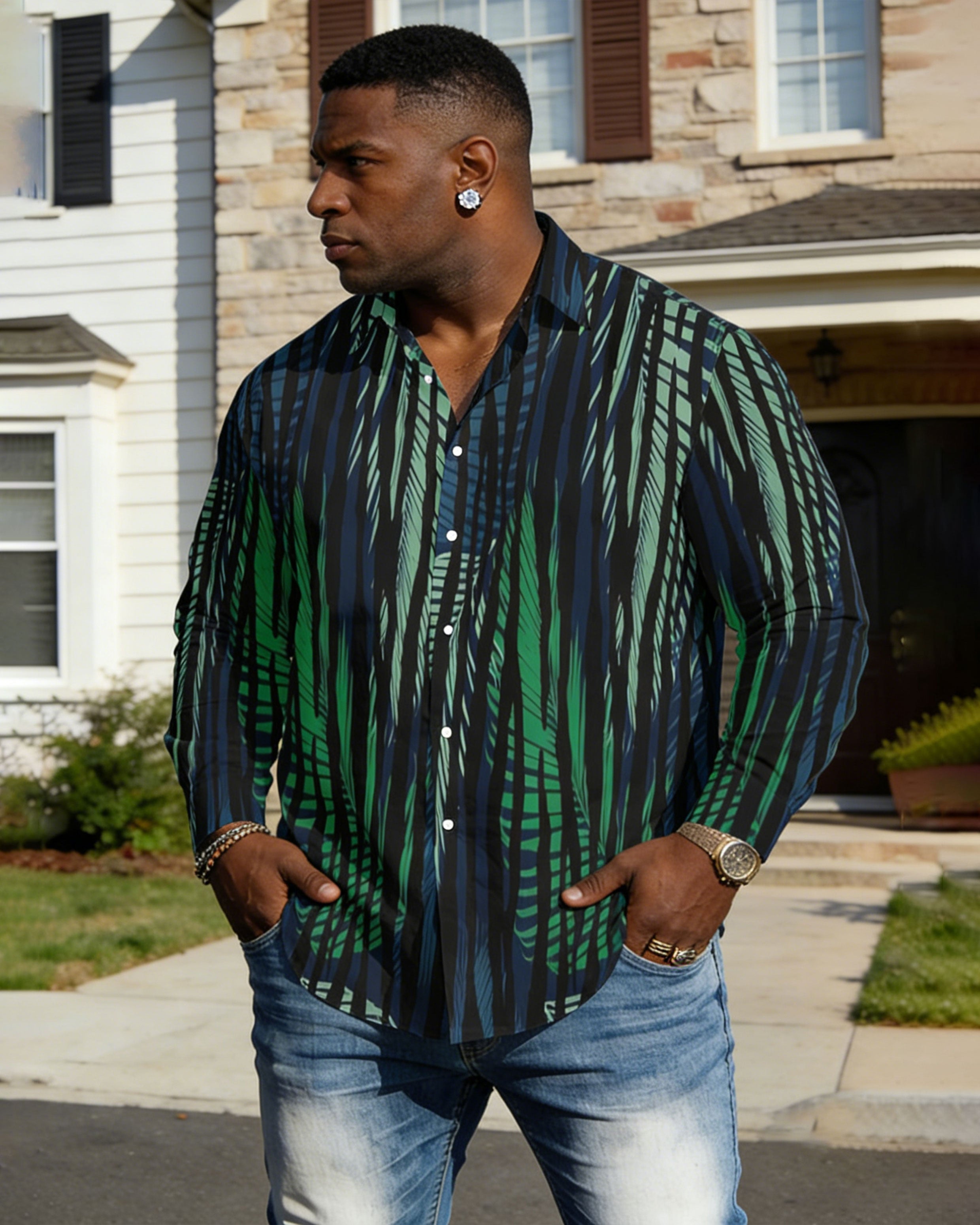 Men's Plus Size Casual Holiday Dating Party Big Brother Calm Print Black Anti-Wrinkle New Lasel Long Sleeve Shirt