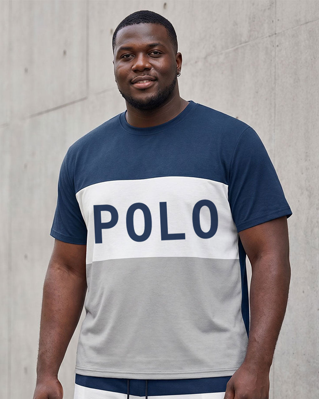 Big & Tall Men's Blue & White & Grey Contrast Chest Polo Print T-Shirt Shorts Set