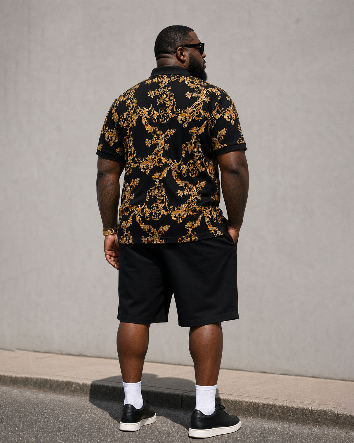 Big & Tall Men's Luxury Baroque Black & Gold Polo Shirt Short Sleeve Shorts Set