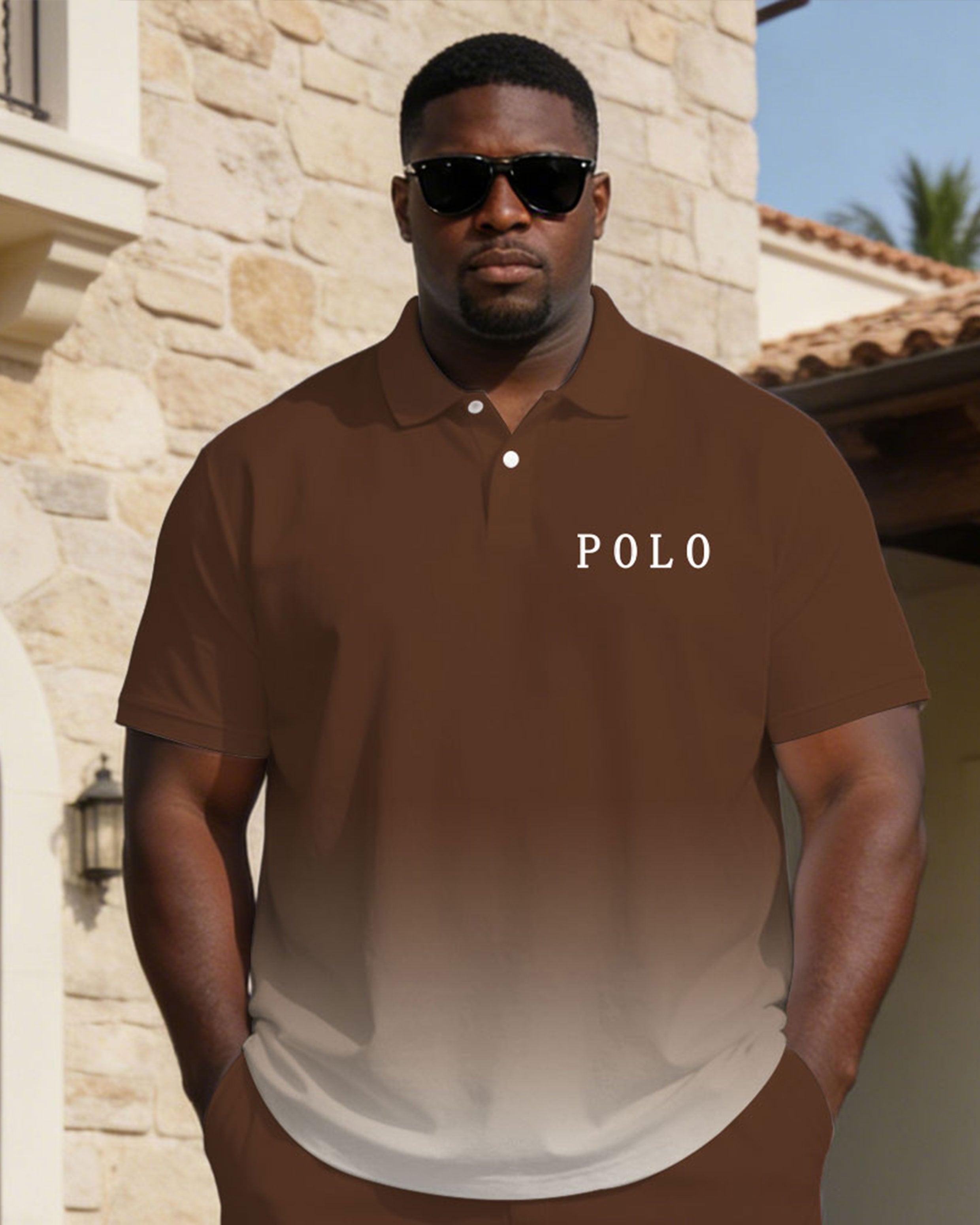 Men's Plus Size Brown Gradient Small Label Printed Short Sleeve Polo Shirt Shorts Set
