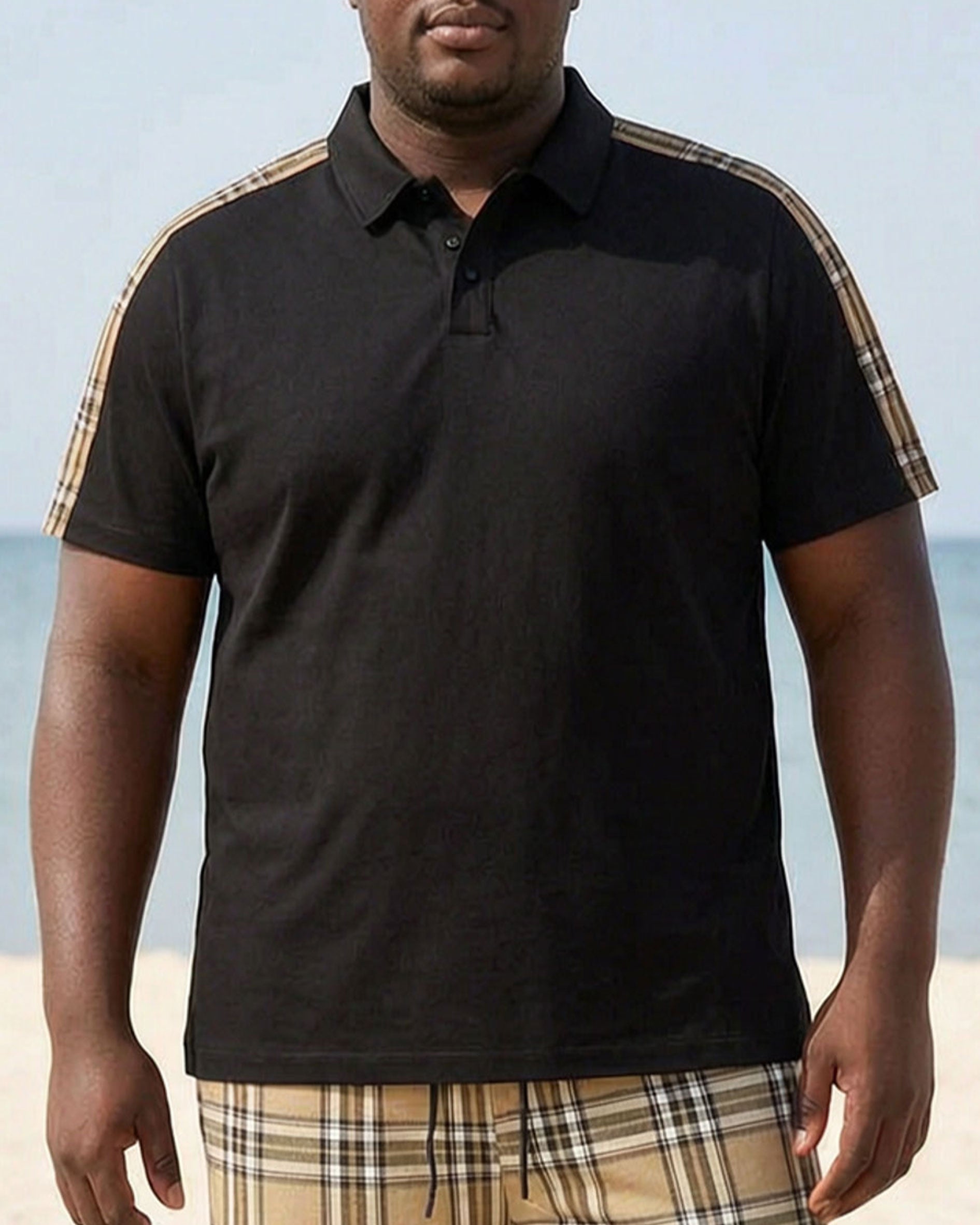 Big & Tall Men's Special Patchwork Plaid Black & Khaki POLO Short Sleeve Shorts Set