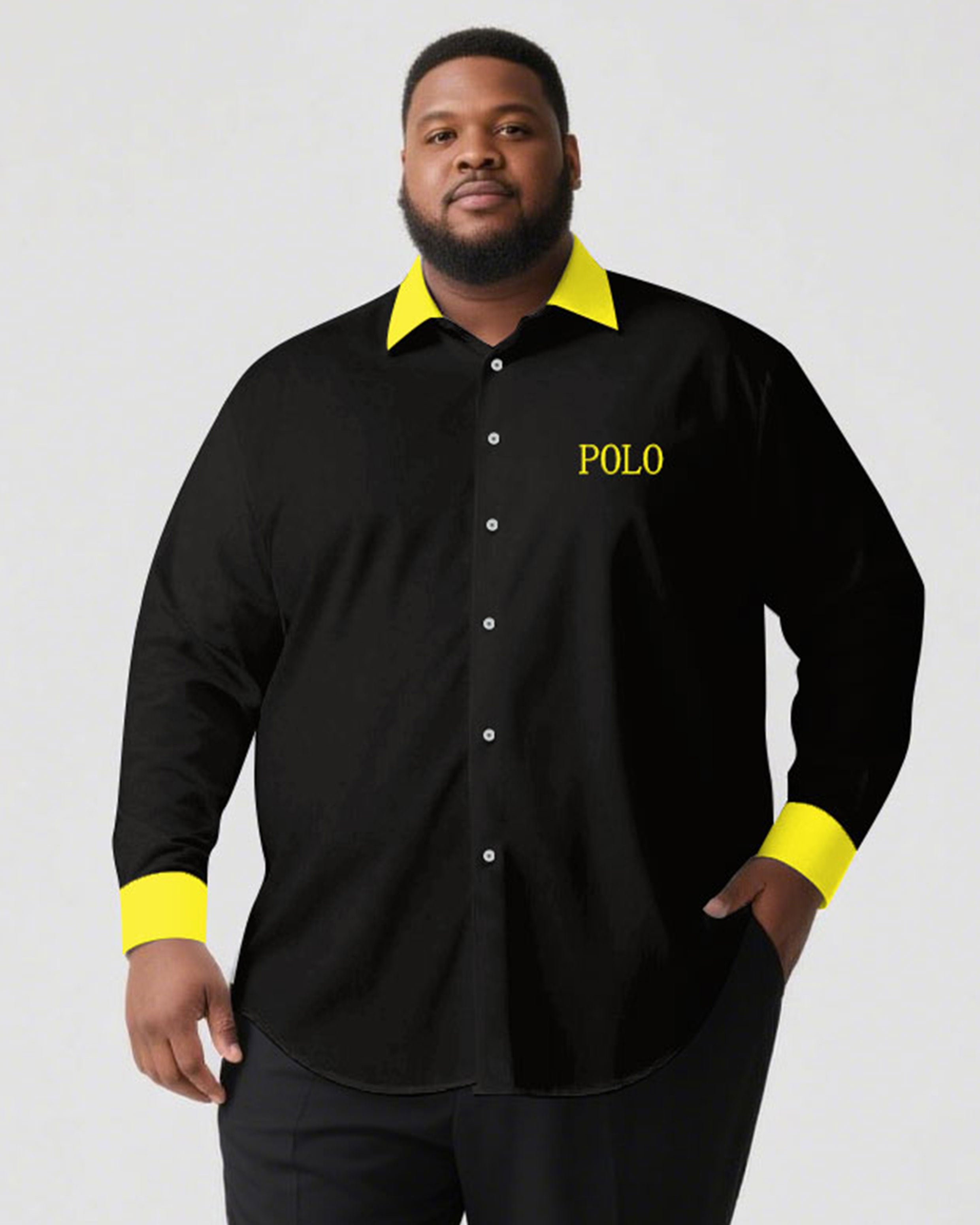 Men's Plus Size Casual Simple Black & Yellow Collar And Cuff Contrast Color Simple Long Sleeve Shirt Trousers Business Casual Suit