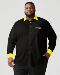 Men's Plus Size Casual Simple Black & Yellow Collar And Cuff Contrast Color Simple Long Sleeve Shirt Trousers Business Casual Suit