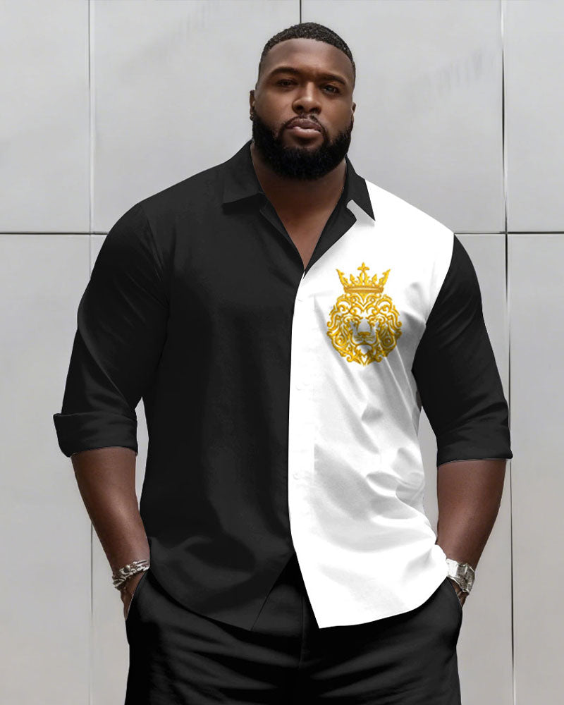 Big & Tall Men's Business Black & White Chest KING Print Long Sleeve Shirt Shorts Set