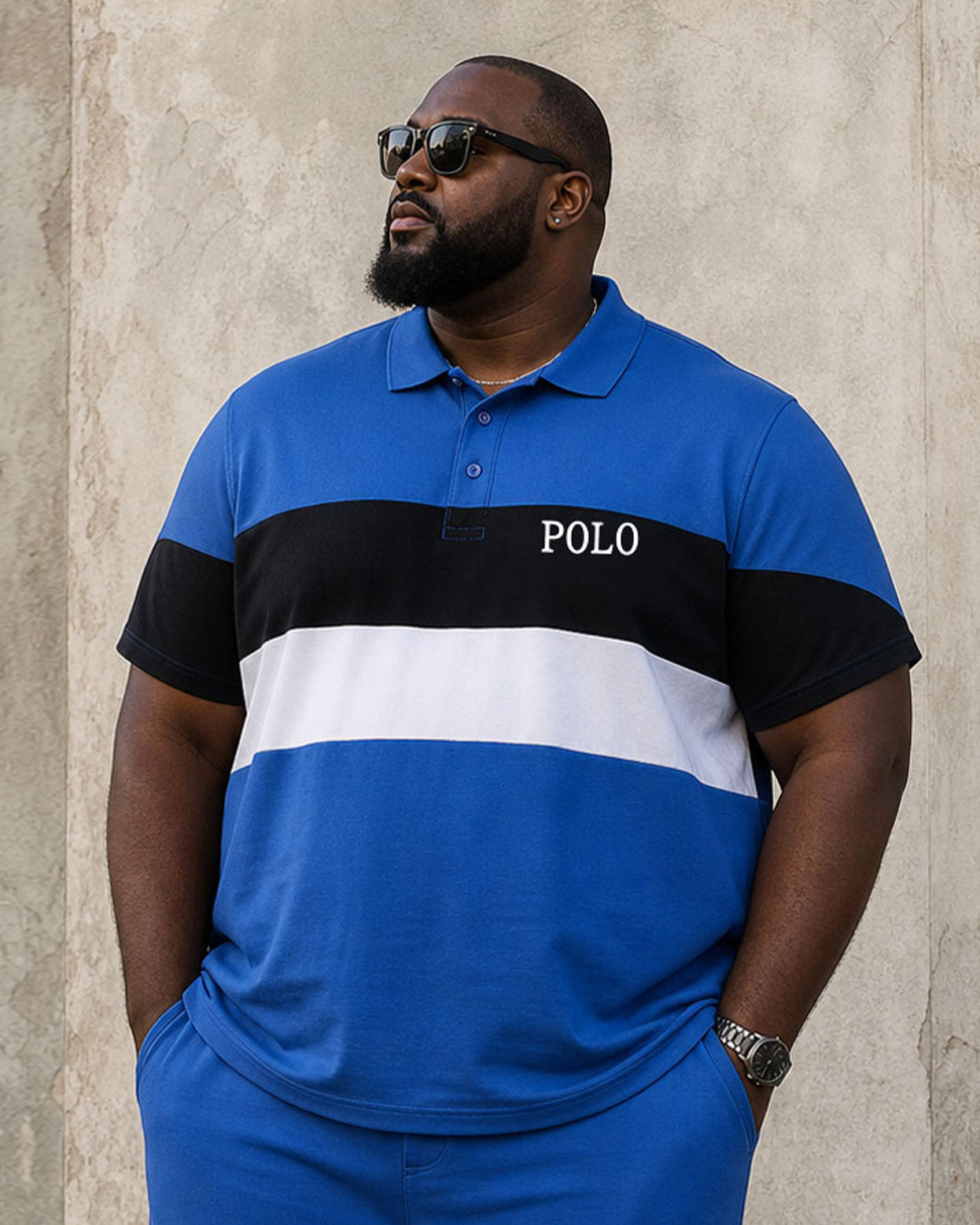 Big & Tall Men's Blue Contrast Stitching Simple Leisure Hawaii Vacation Business Travel POLO Shirt Short Sleeve Shorts Set