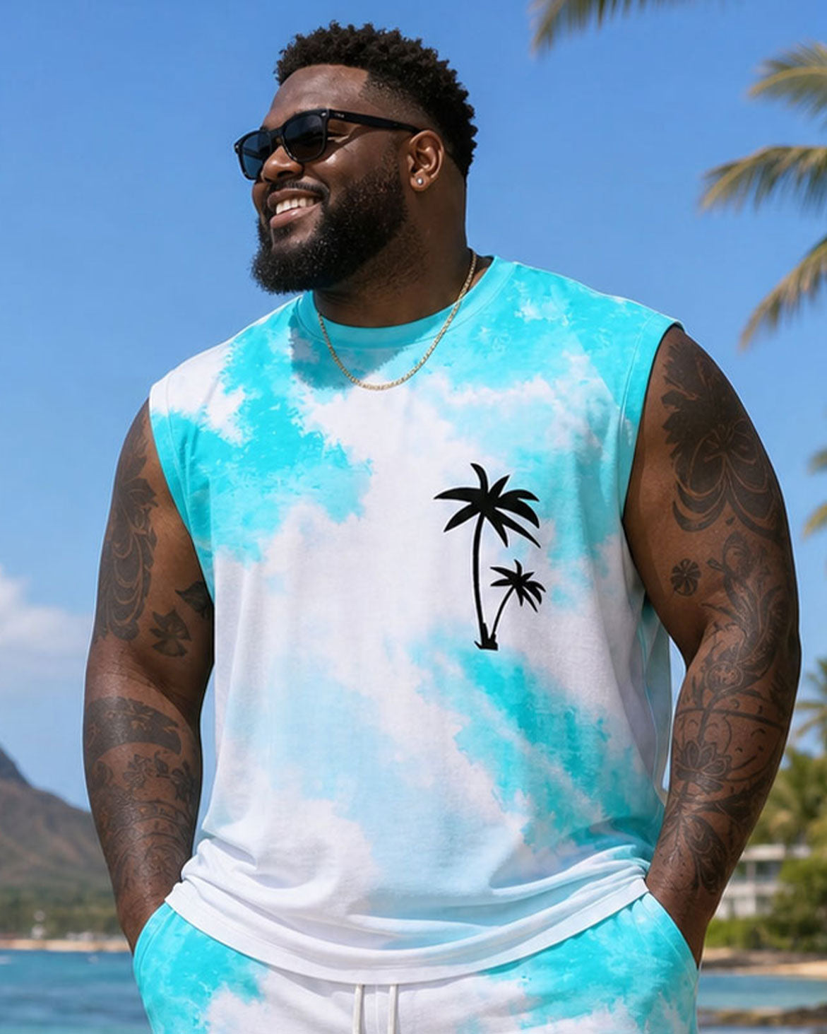 Big & Tall Men's Hawaiian Vacation Casual Dating Tie-Dye White & Blue Chest Coconut Tree Silhouette Print Vest Shorts Set