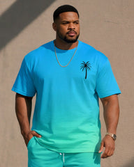 Big & Tall Men's Blue Gradient Chest Coconut Tree Simple Hawaiian T-Shirt Shorts Set