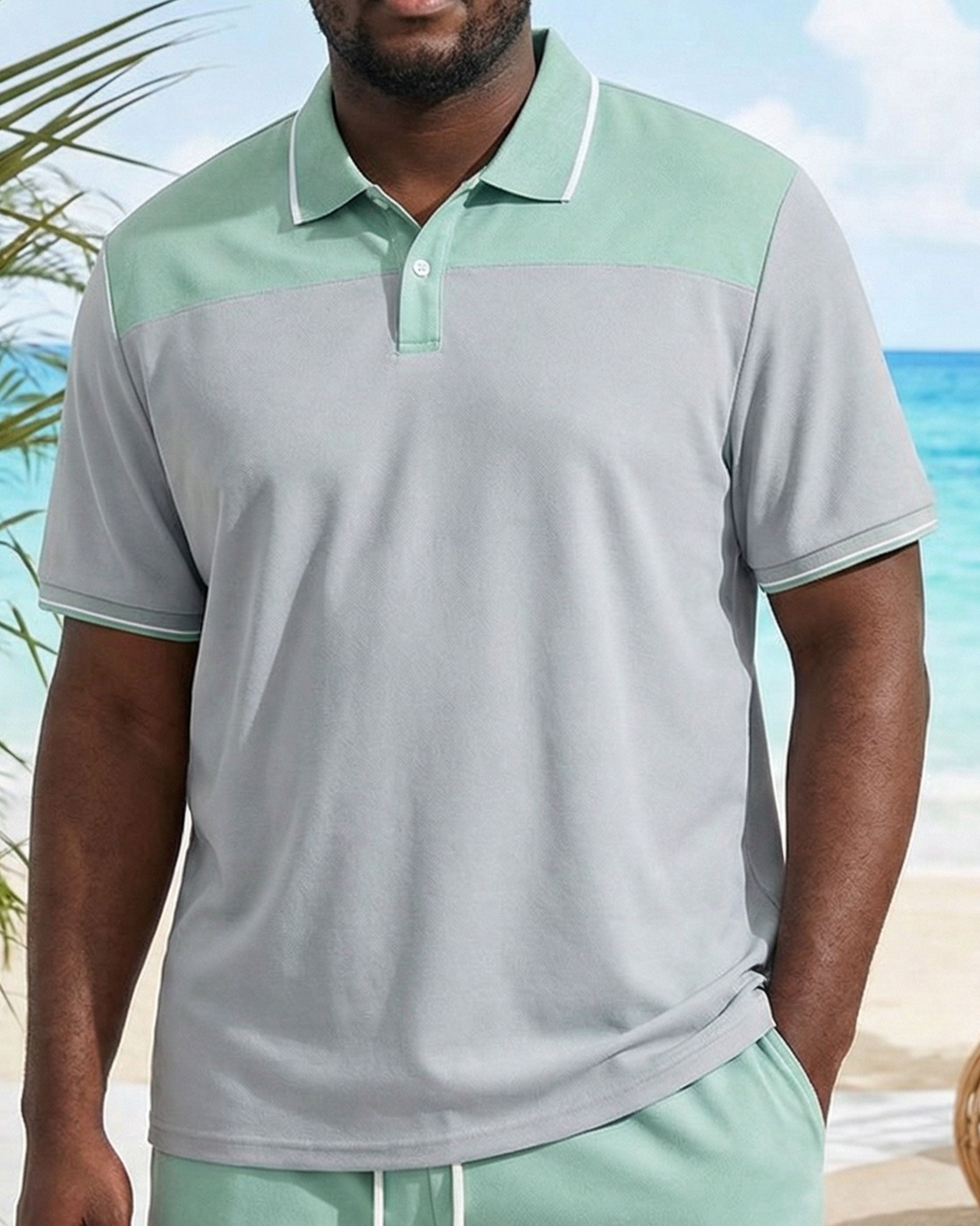 Big & Tall Men's Feature Color Contrast Green & Grey Short Sleeve Polo Shirt Short Sleeve Shorts Set