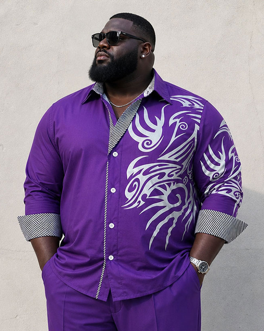 Big & Tall Men's Purple Business Features Stitching Positioning Printing Long Sleeve Shirt Pants Set