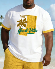 Big & Tall Men's Yellow Jacquard Chest Positioning Printed Short Sleeve T-shirt Shorts Set