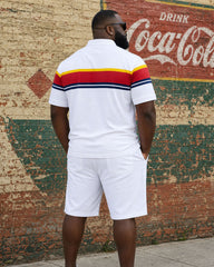 Big & Tall Men's White & Thick Stripe Stitching Chest Small Label POLO Shirt Short Sleeve Shorts Set
