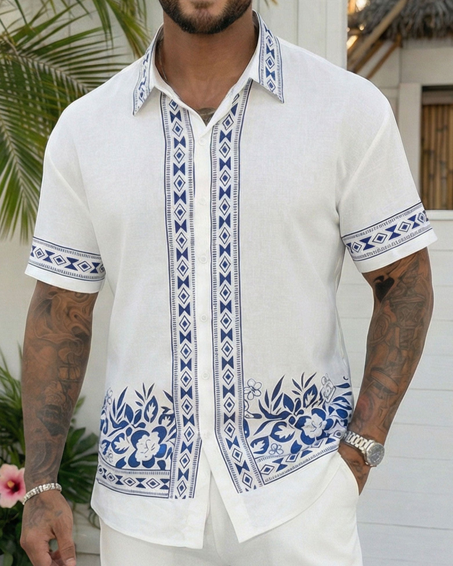 Big & Tall Men's Hawaiian Holiday Casual Party Gift Giving, Symmetrical Geometric Floral White Short Sleeve Shirt Shorts Set