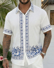 Big & Tall Men's Hawaiian Holiday Casual Party Gift Giving, Symmetrical Geometric Floral White Short Sleeve Shirt Shorts Set