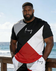 Hawaii Vacation Simple Stitching Chest "king" Slogan Printing Short Sleeve T-shirt Shorts Suit Large Size Men