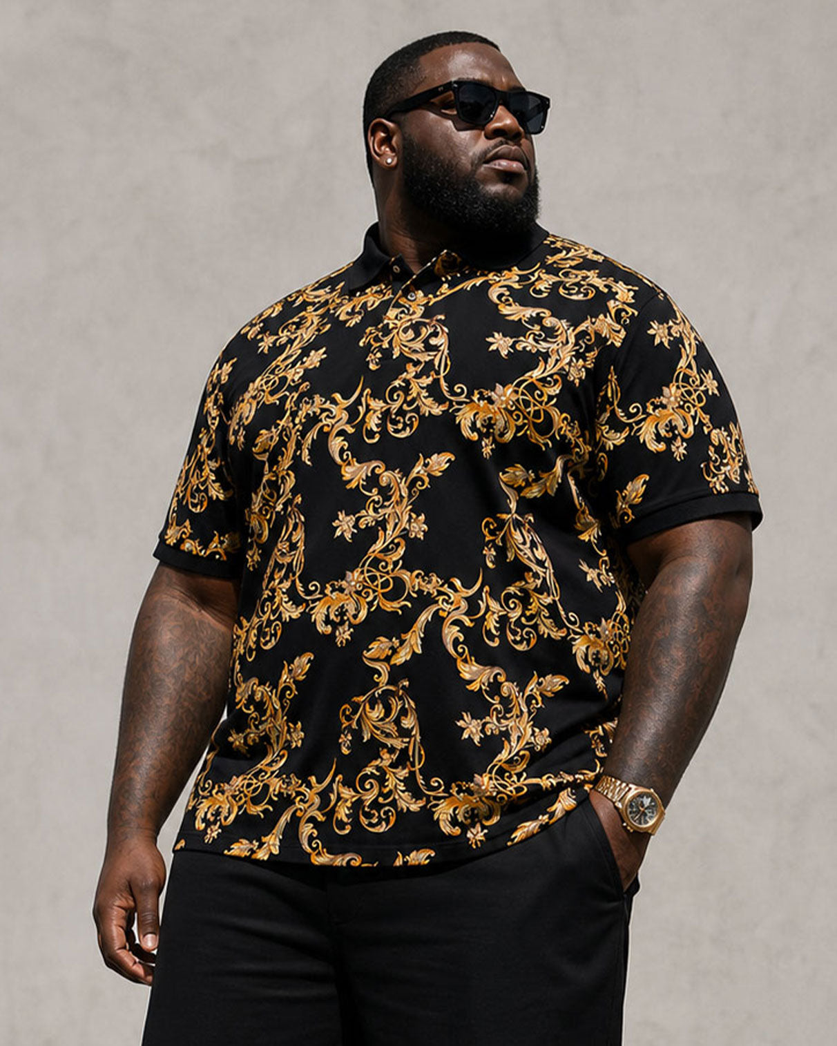 Big & Tall Men's Luxury Baroque Black & Gold Polo Shirt Short Sleeve Shorts Set