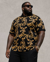 Big & Tall Men's Luxury Baroque Black & Gold Polo Shirt Short Sleeve Shorts Set
