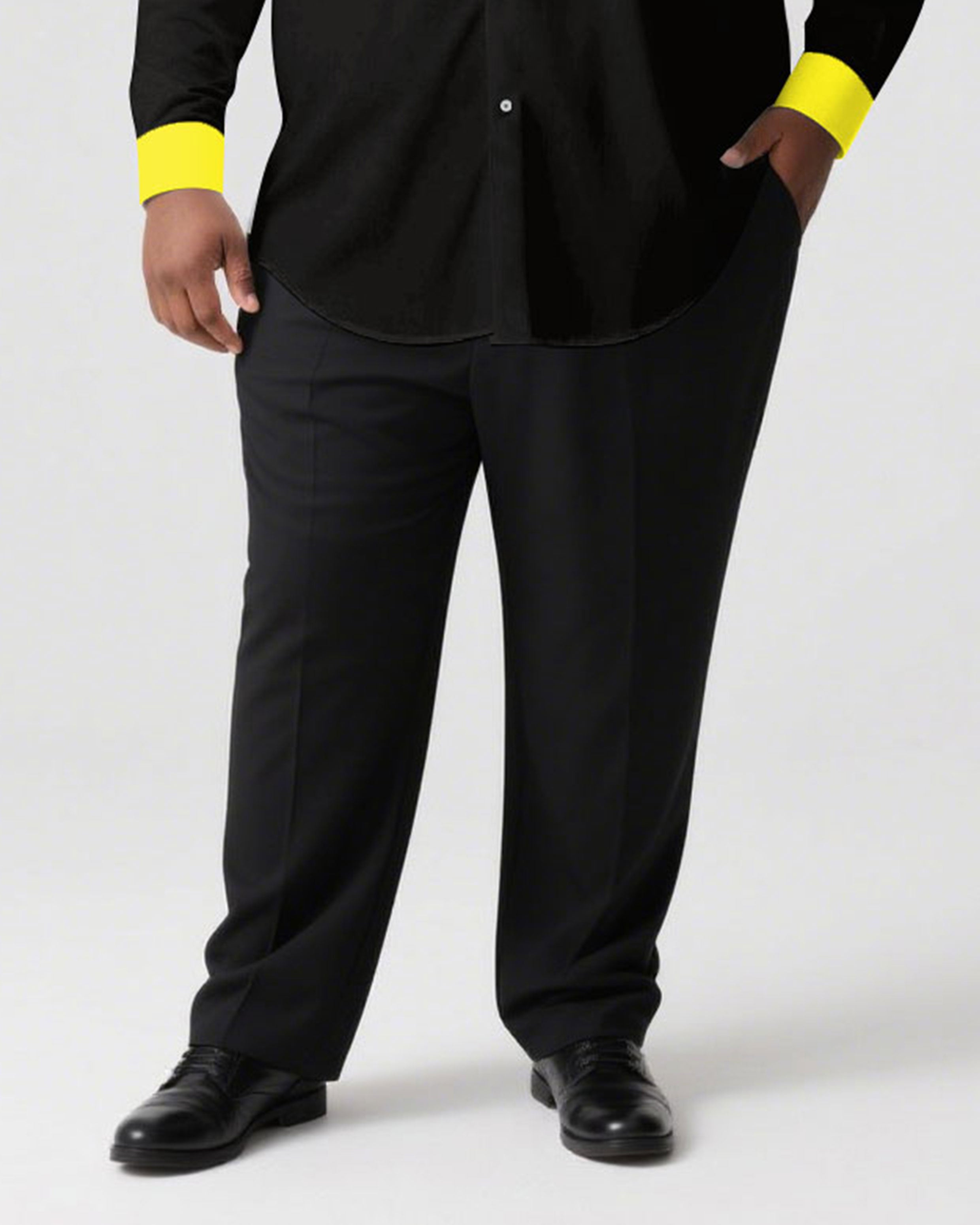 Men's Plus Size Casual Simple Black & Yellow Collar And Cuff Contrast Color Simple Long Sleeve Shirt Trousers Business Casual Suit