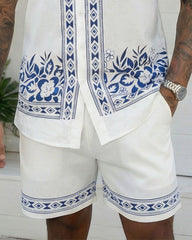 Big & Tall Men's Hawaiian Holiday Casual Party Gift Giving, Symmetrical Geometric Floral White Short Sleeve Shirt Shorts Set