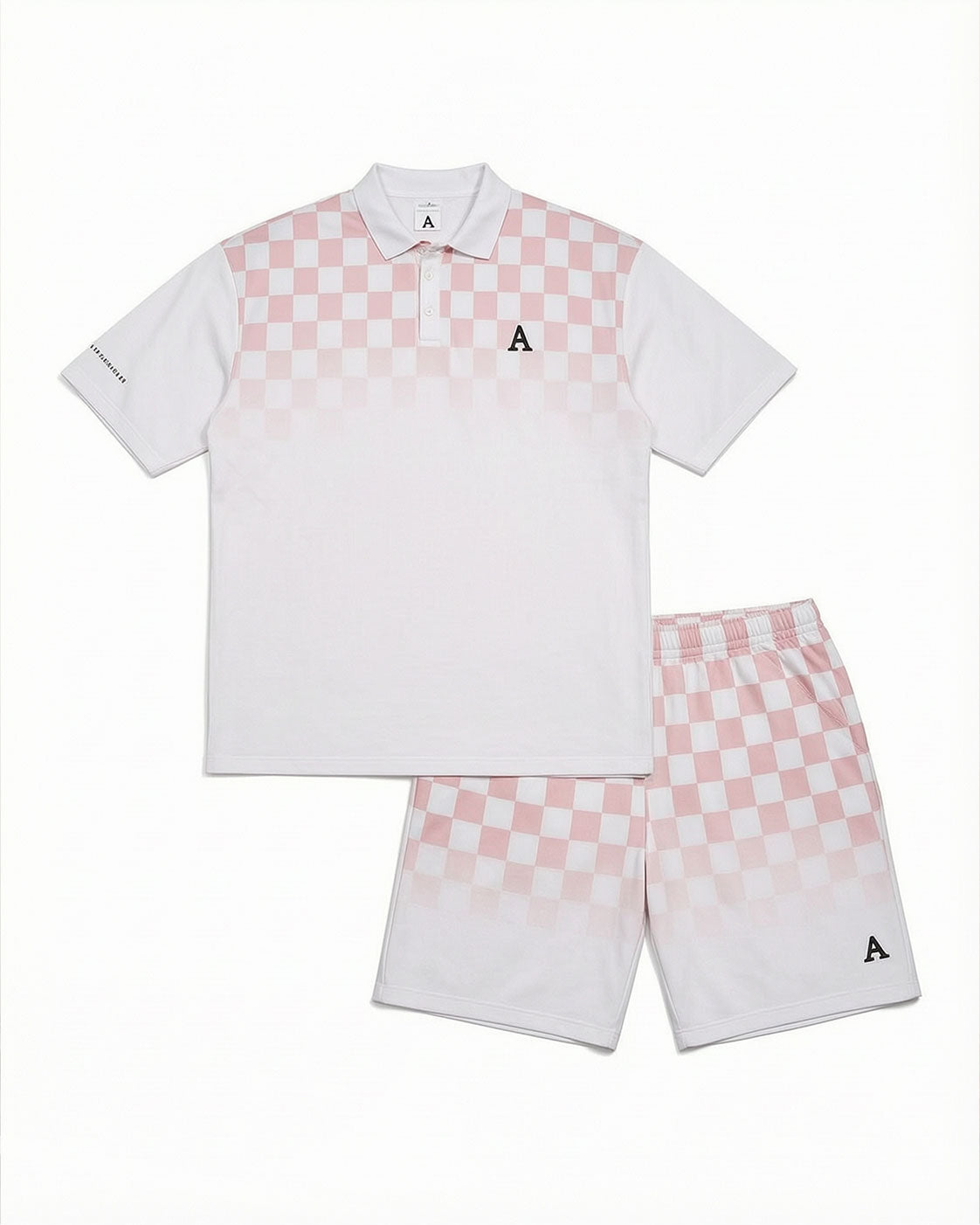 Big & Tall Men's White & Pink Checkerboard Gradient Business POLO Shirt Short Sleeve Shorts Set