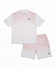 Big & Tall Men's White & Pink Checkerboard Gradient Business POLO Shirt Short Sleeve Shorts Set
