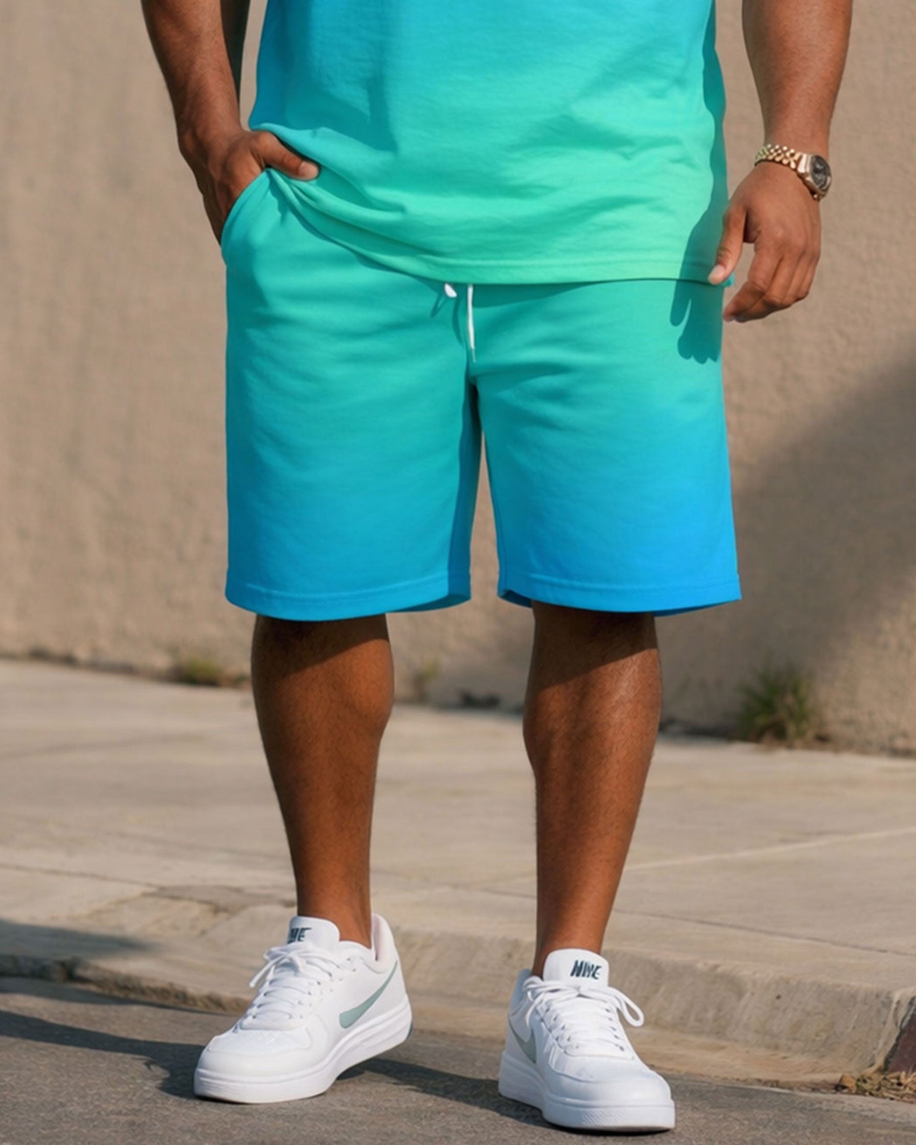 Big & Tall Men's Blue Gradient Chest Coconut Tree Simple Hawaiian T-Shirt Shorts Set