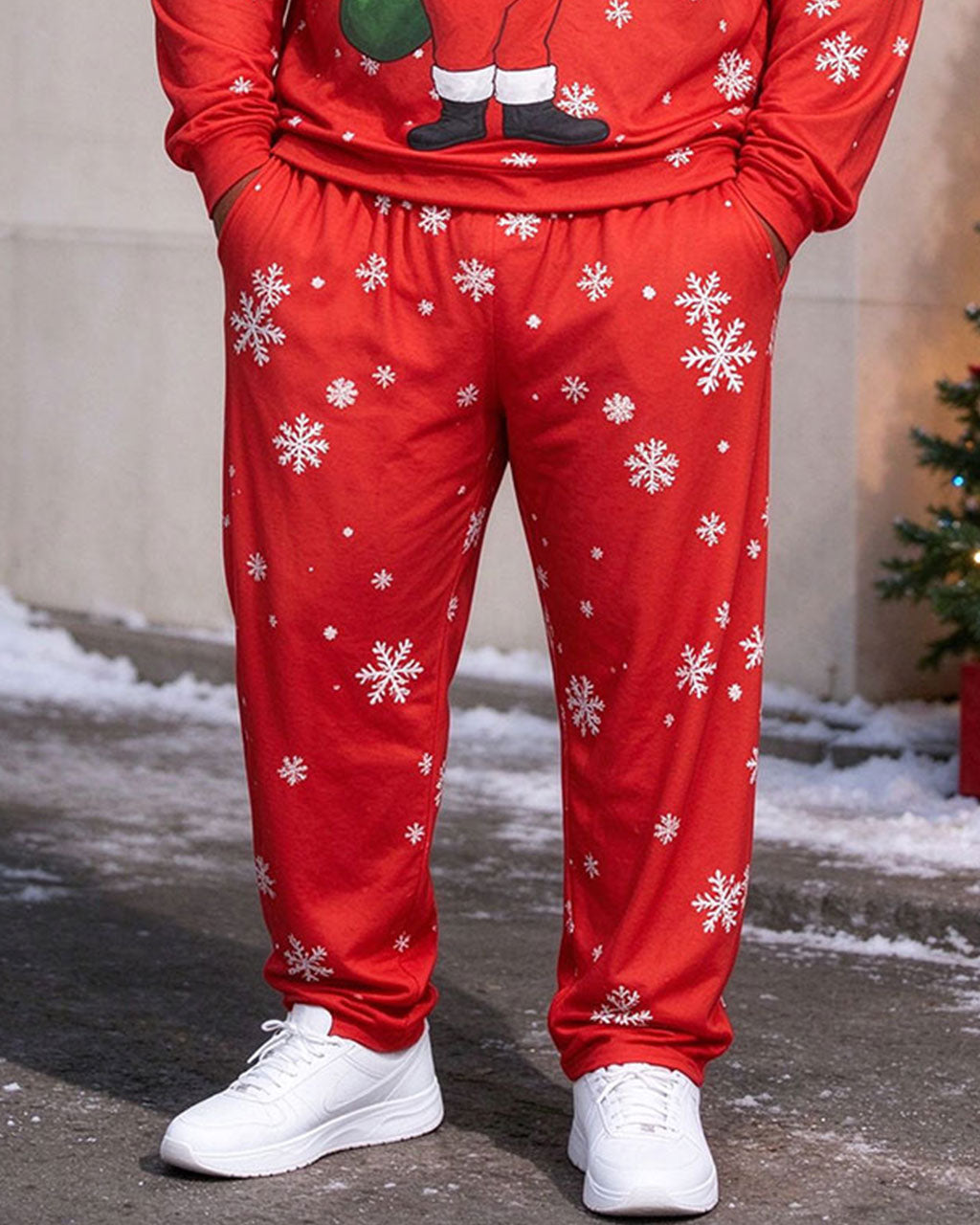 Large Size Men's Autumn And Winter Warm Red & Black Snowflake Santa Hoodie Sweatpants Set