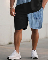 Men's Plus Size Denim Patchwork Letter Printed Short-Sleeved T-Shirt Shorts Set
