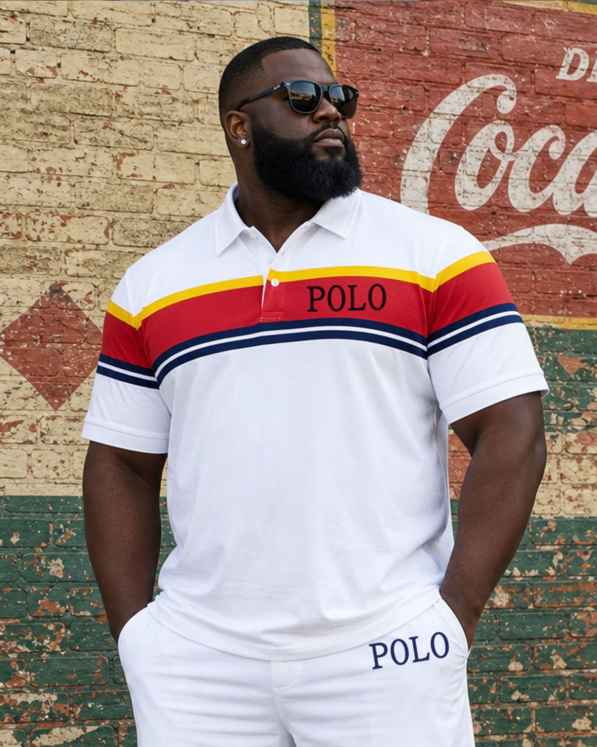 Big & Tall Men's White & Thick Stripe Stitching Chest Small Label POLO Shirt Short Sleeve Shorts Set