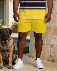 Business Casual Yellow Striped Polo Shirt Short Sleeve Set Large Size Men