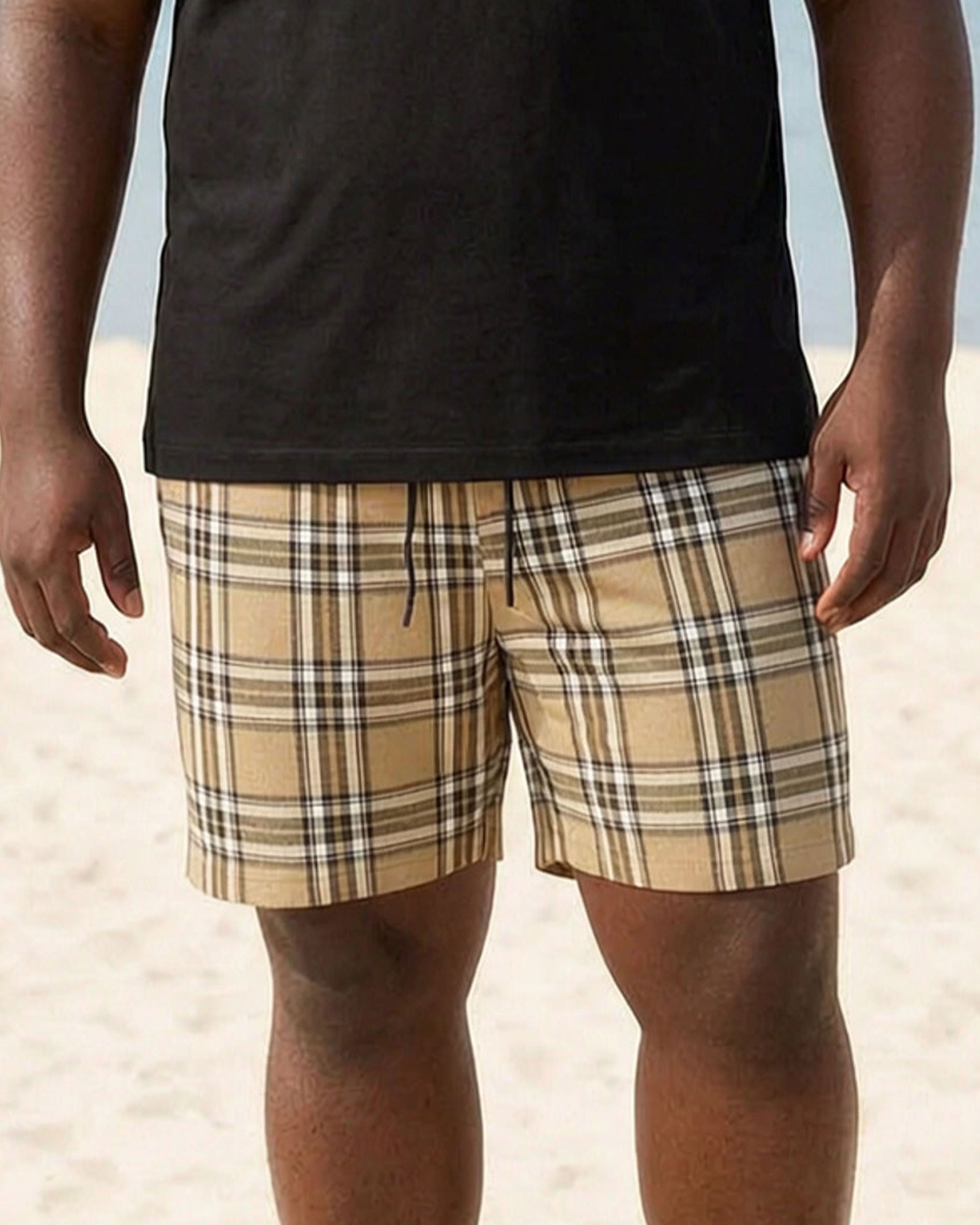 Big & Tall Men's Special Patchwork Plaid Black & Khaki POLO Short Sleeve Shorts Set
