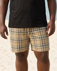 Big & Tall Men's Special Patchwork Plaid Black & Khaki POLO Short Sleeve Shorts Set