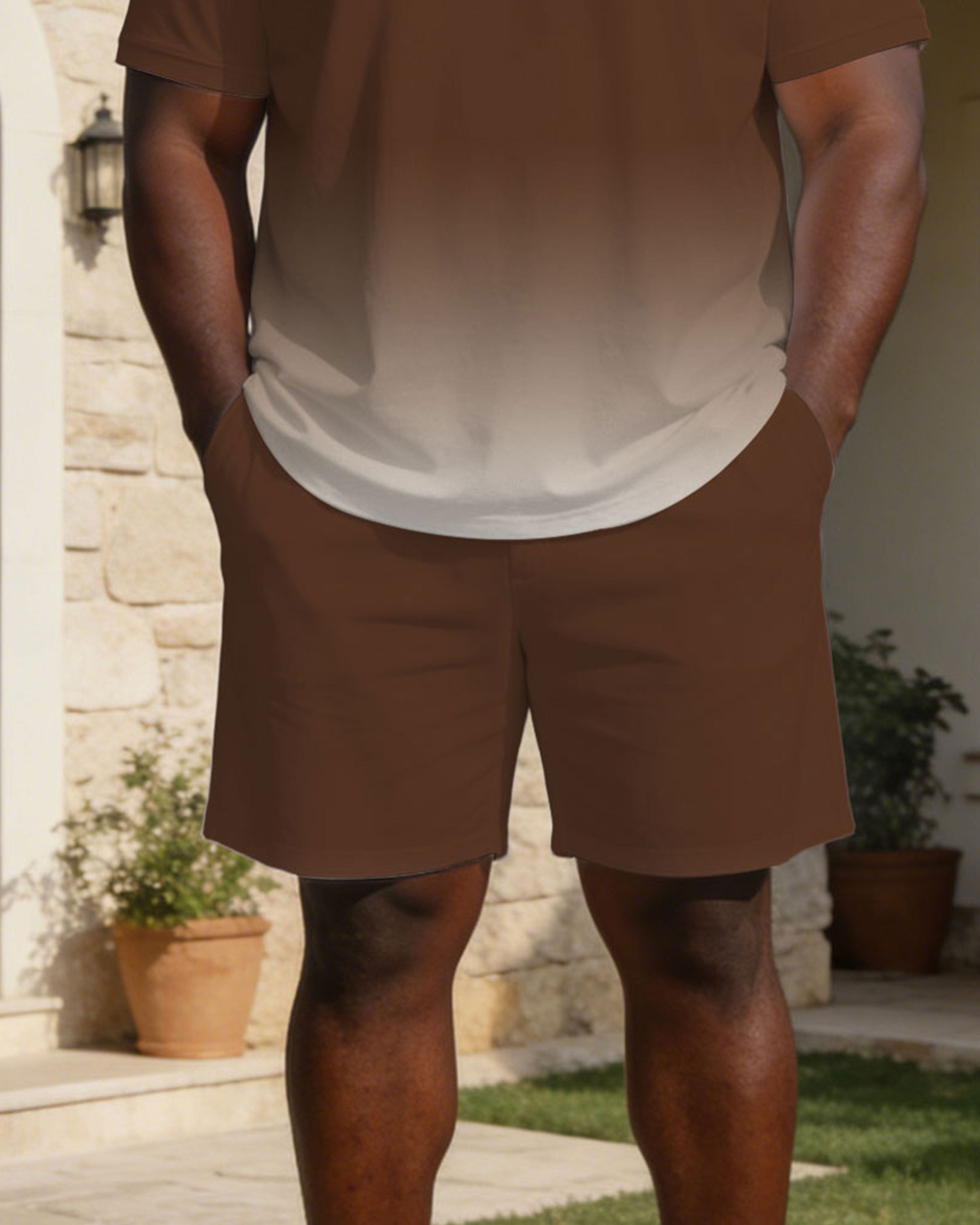 Men's Plus Size Brown Gradient Small Label Printed Short Sleeve Polo Shirt Shorts Set