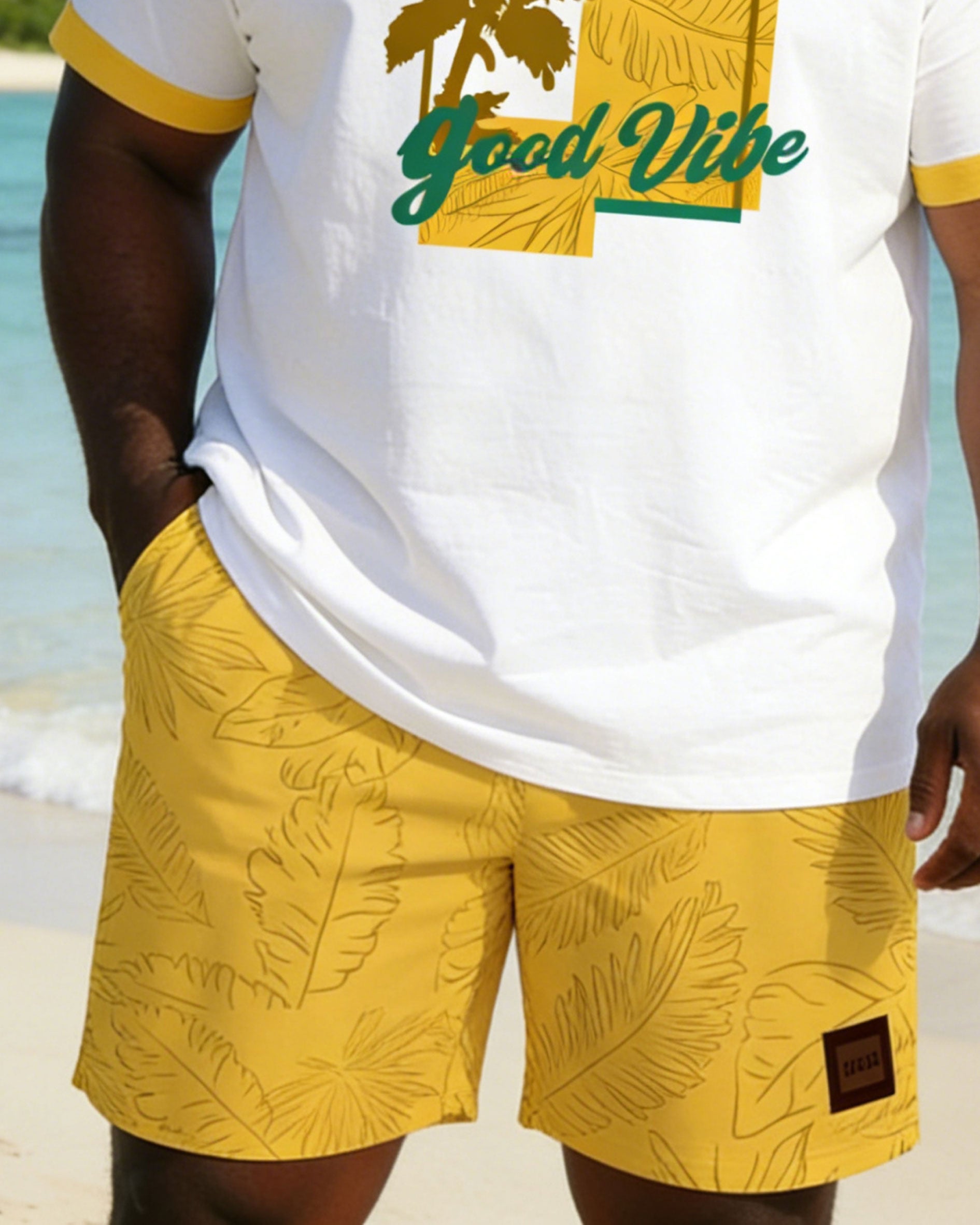 Big & Tall Men's Yellow Jacquard Chest Positioning Printed Short Sleeve T-shirt Shorts Set