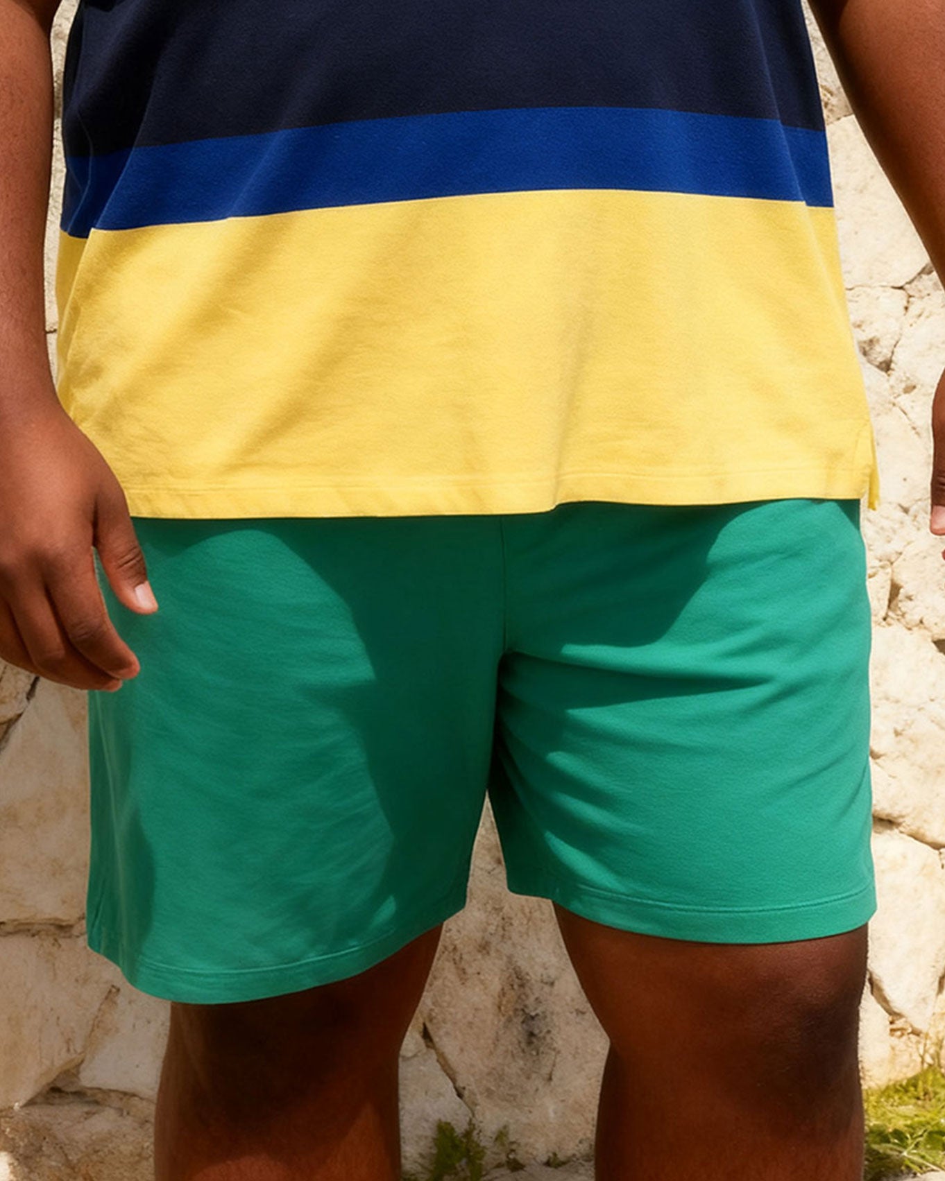 Big & Tall Men's Multicolor Contrast Irregular Stripe Patchwork Printed POLO Shirt Shorts Set