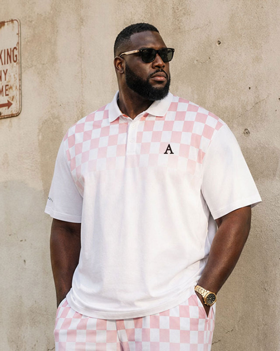 Big & Tall Men's White & Pink Checkerboard Gradient Business POLO Shirt Short Sleeve Shorts Set
