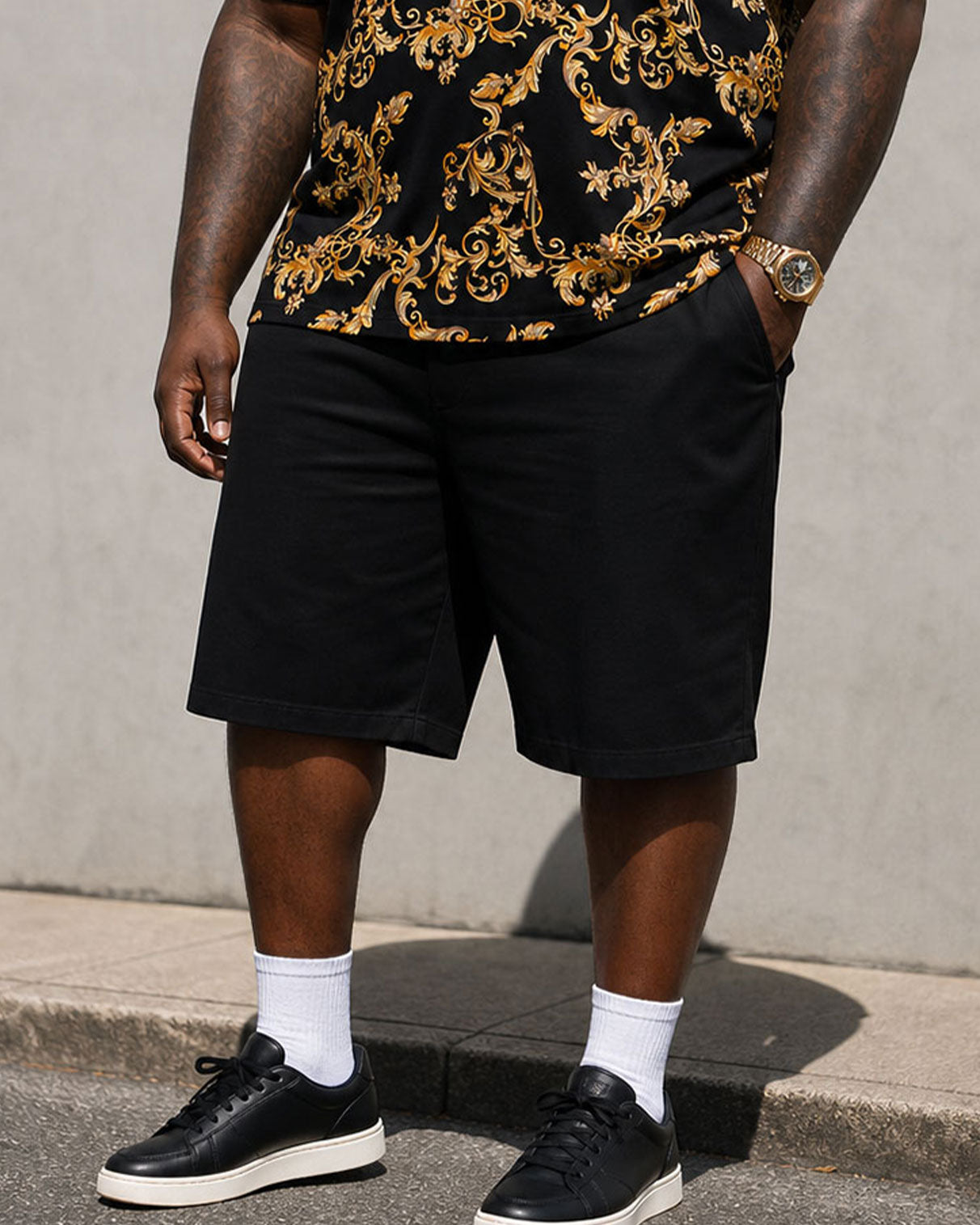 Big & Tall Men's Luxury Baroque Black & Gold Polo Shirt Short Sleeve Shorts Set