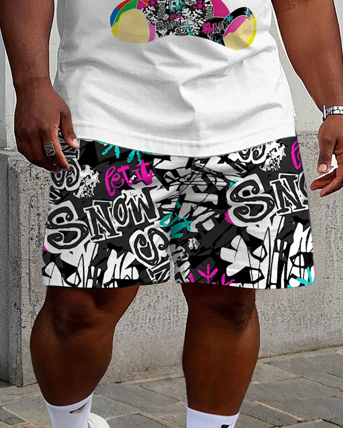 Big & Tall Men's Street Pattern Printed Short Sleeve T-Shirt Shorts Set